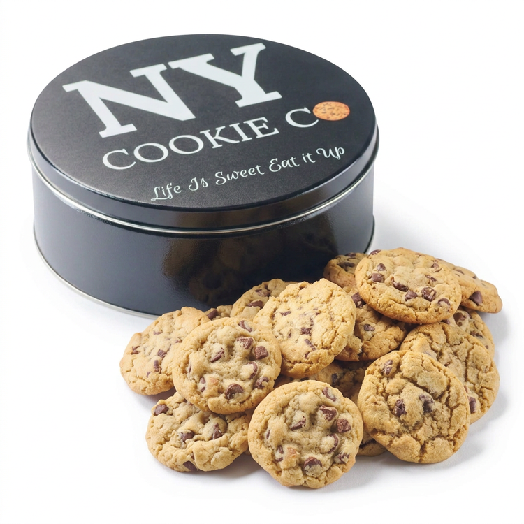 Classic Chocolate Chip cookies beside the black NY Cookie Co. tin on a white background