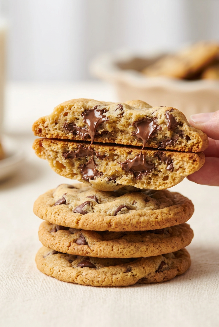 A chocolate chip cookie broken in half over a stack of cookies