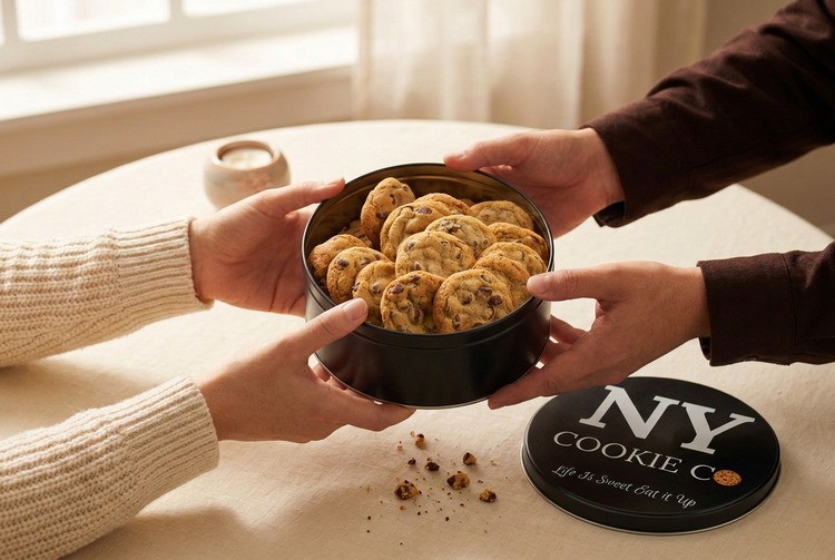 Hands passing an open NY Cookie Co. tin of chocolate chip cookies